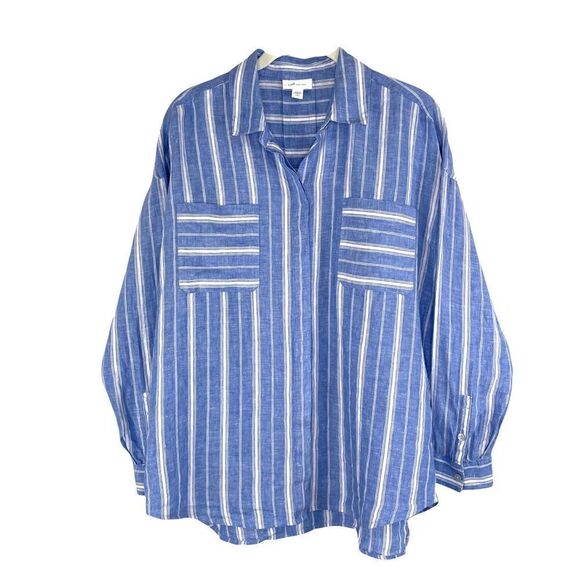 J. Jill love 100% linen striped long sleeves button down shirt top Sz‎ SP - Picture 1 of 7